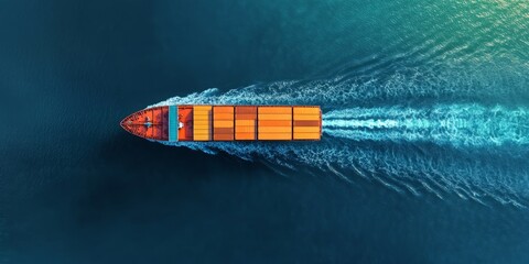 Aerial top-down view of a container cargo ship sailing at high speed on calm blue waters, representing global business logistics, international trade, and modern transportation networks with a high-re