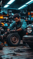 A mechanic repairs a tire in a workshop, showcasing craftsmanship and focus.