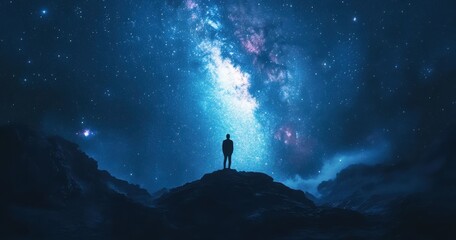 Fototapeta premium Enigmatic Figure Gazing at the Vivid Night Sky Filled with Stars, Cosmic Clouds, and a Brilliant Milky Way Galaxy Over Majestic Mountain Landscape