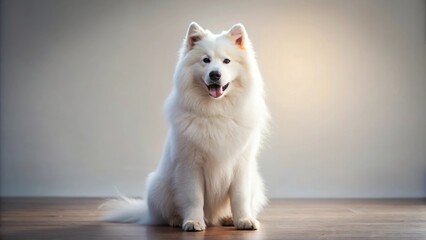 Beautiful fluffy white Samoyed dog sitting and looking adorable, beautiful, fluffy, white, Samoyed, dog, sitting, cute