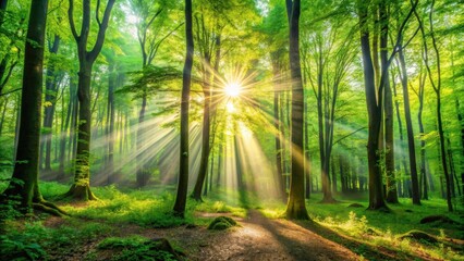 Fototapeta premium Vibrant panoramic view of illuminated foliage in a lush green forest with rays of sunlight , vibrant, panoramic, scenery