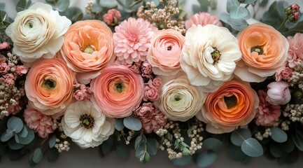 Close-up of a vibrant floral arrangement featuring peach, pink, and white ranunculus, dahlias, and eucalyptus.