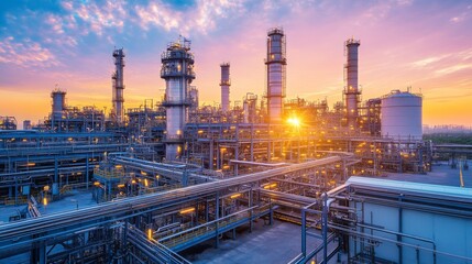 Obraz premium Industrial Refinery at Sunset with Bright Sky and Piping Panorama