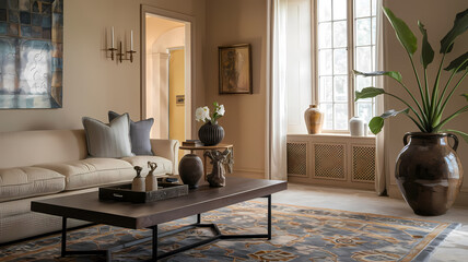 Living Room Interior with Sofa, Coffee Table, and Planter
