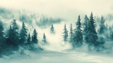 Fototapeta premium Misty winter forest scene with snow-covered evergreen trees.