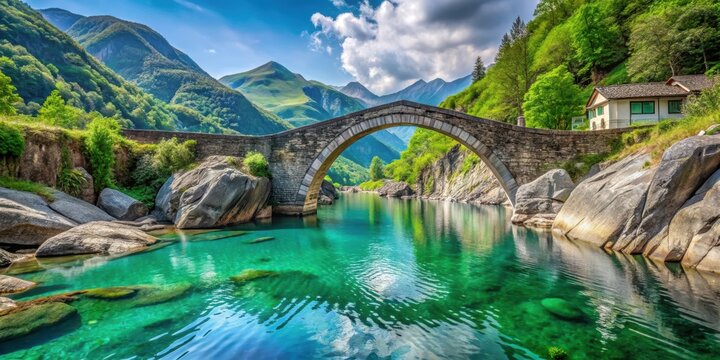 Stunning view of Ponte dei Salti over the Verazca River with crystal blue-green waters, Ponte dei Salti