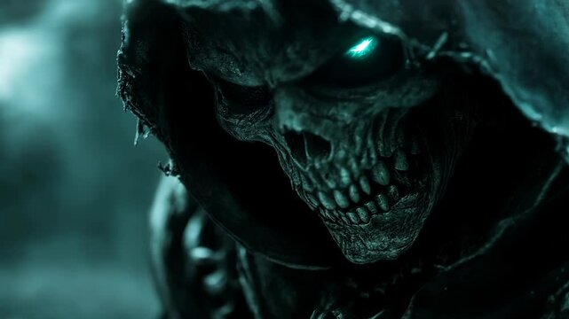 Grim Reaper Close-Up with Glowing Eyes in Cinematic Dark Scene