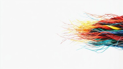 Colorful strands of vibrant threads splayed on white background.