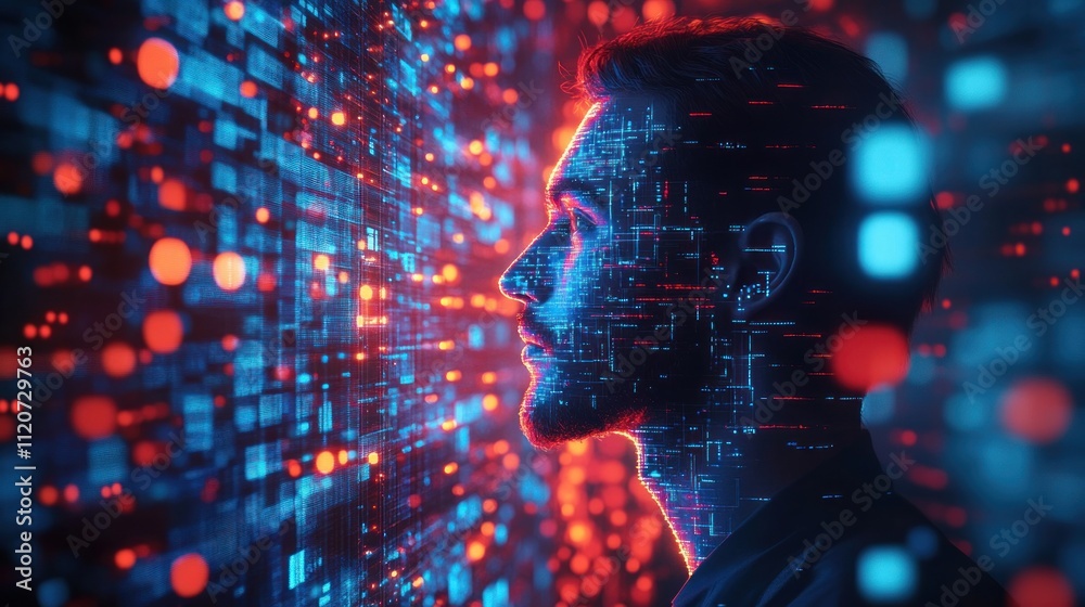 Poster Cybersecurity Digital Data Streams Portrait of IT Specialist Analyzing Artificial Intelligence Threats