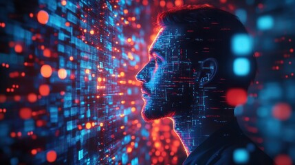 Cybersecurity Digital Data Streams Portrait of IT Specialist Analyzing Artificial Intelligence Threats