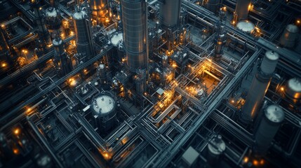 Fototapeta premium Industrial Complex: Night View of Illuminated Pipes and Structures