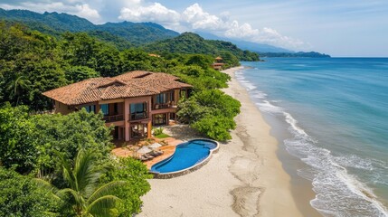 Fototapeta premium Luxurious beachfront villa with infinity pool, tropical landscape, and ocean view.