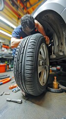 A mechanic working on a car tire in an automotive workshop.