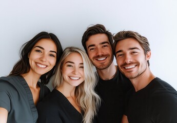 Obraz premium Group of four smiling friends posing together in casual attire with bright expressions against a light background showcasing happiness and camaraderie