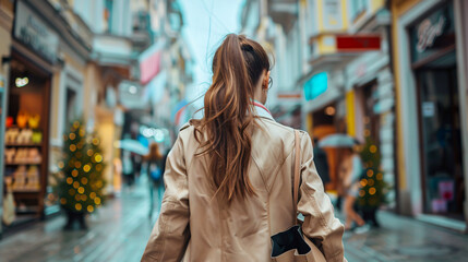 Rear view of a woman shopping in the city.