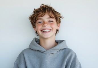 Happy young boy with curly hair wearing a gray hoodie and smiling brightly against a simple wall background, capturing youthful joy and innocence in everyday moments.