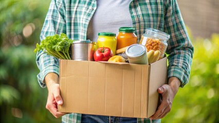 Food donations concept A person donating groceries to a food drive , charity, generosity