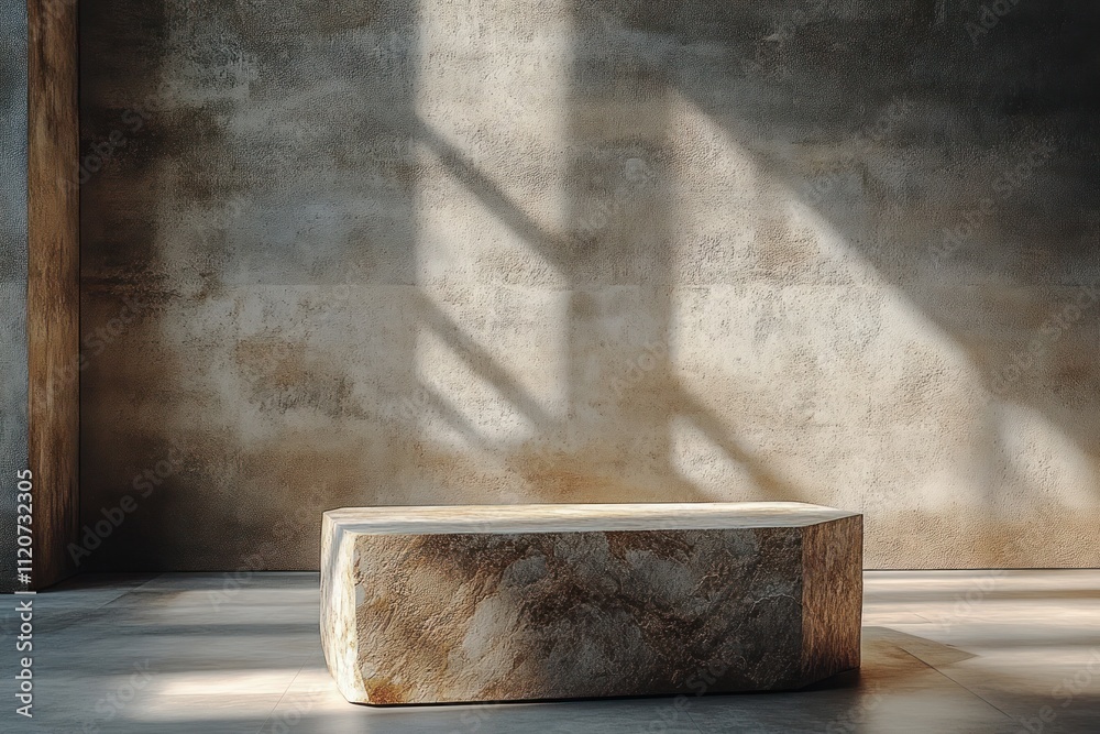 Poster minimalist stone pedestal in sunlit room with textured background for product display mockup