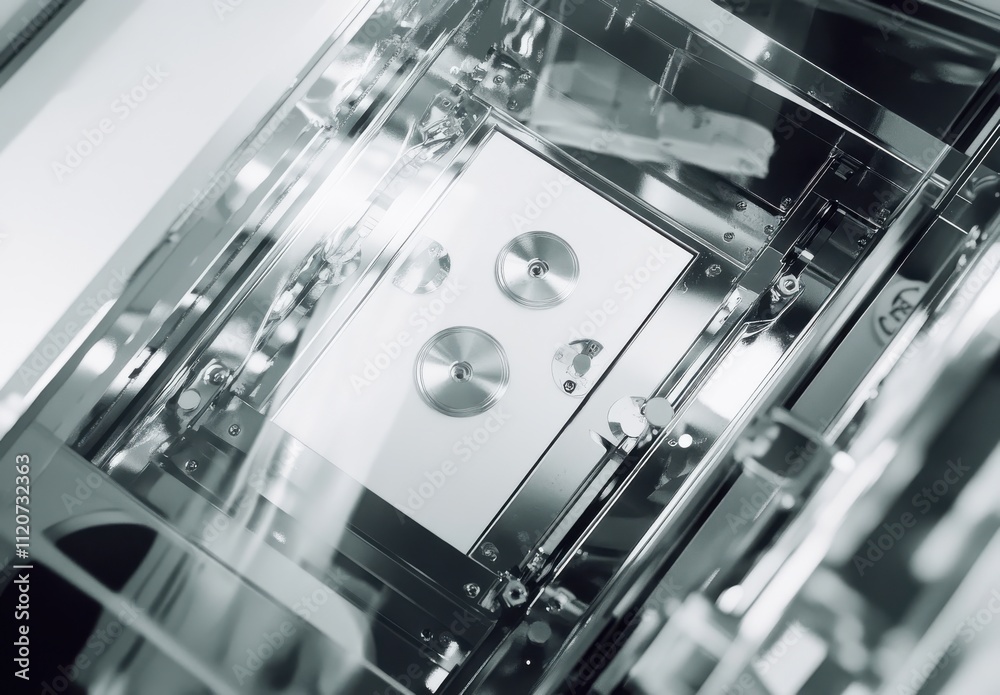 Poster high-tech industrial equipment with precision mechanisms and reflective surfaces creating dynamic vi