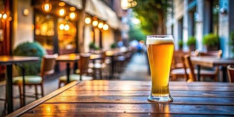 Cold craft beer in glass on wooden table at street cafe with blurred background, beer, craft, cold, glass, wooden