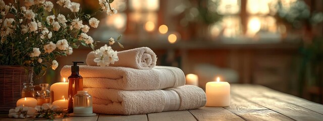Spa Background Towel Bathroom Luxury Relax Aromatherapy Candle Flowers Setting Massage Wellness Beauty