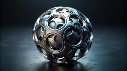 Abstract alien organic ball in dark matte plastic with silver metal parts, render, abstract art, background, surreal, organic, alien