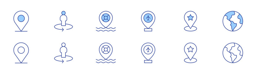 Map icon set in two styles, Duotone and Thin Line style. Editable stroke. map location, street view, location, lifebuoy, globe