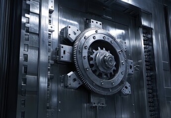 Fototapeta premium Intricate Detail of a Heavy Metal Security Vault Door with Complex Mechanisms and Gears Captured in a Dimly Lit Environment for High-Impact Visual Appeal