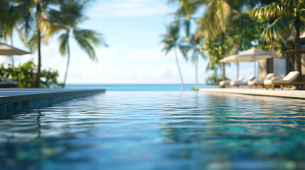 Fototapeta premium Beautiful infinite outdoor swimming pool with a blurred blue ocean view