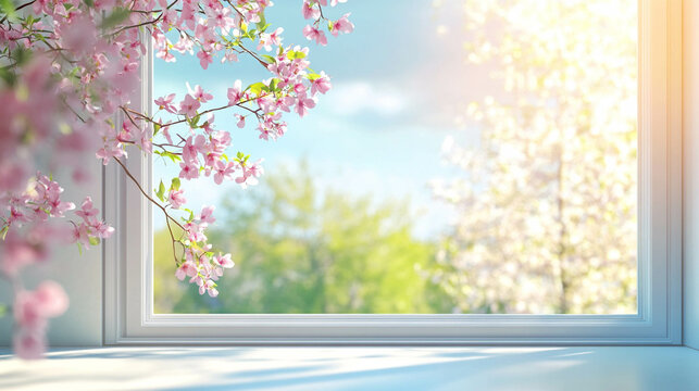 White window close-up with a beautiful spring landscape view