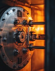 Intricate Metal Vault Door with Shiny Surface and Dramatic Lighting Displaying the Inner Mechanisms of Security in a Safe Environment