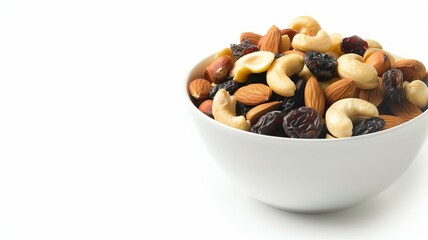 Photorealistic image of a bowl of mixed nuts and dried fruits
