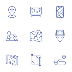 Map icons set. Thin Line style, editable stroke. location, map, mobile map, placeholder, route