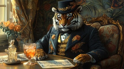 A regal tiger in Victorian attire sits at a table with a drink and sheet music, in a richly decorated room.