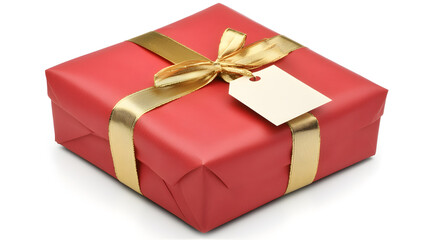Obraz premium A red gift box with a gold ribbon and blank gift tag, isolated on a white background. Perfect for holidays, birthdays, or special occasions.