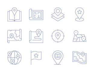 Map icons. Thin Line style, editable stroke. blueprint, customer journey, flag, guide book, library, location, map, travel, treasure map