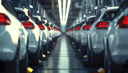 Fototapeta premium White Cars Line Up in Modern Automotive Factory