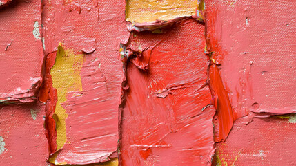 Close-up of an abstract oil painting with thick, textured brushstrokes in vibrant coral and golden hues.  The paint is applied in a layered, impasto style, creating a dynamic visual texture.