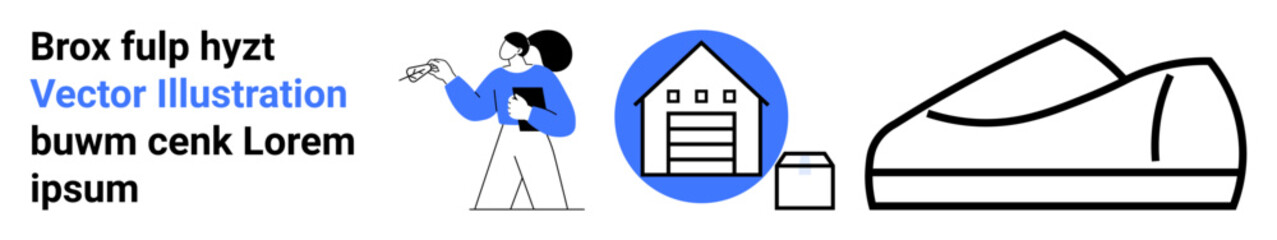 Figure of a woman pointing at geometric shapes, blue and black color scheme, house with garage, shoe outline. Ideal for real estate, presentations, education, marketing, websites, apps. Landing page