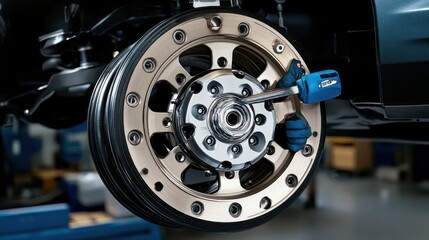 Fototapeta premium Close-up of a wheel assembly with tools, showcasing automotive maintenance and engineering.