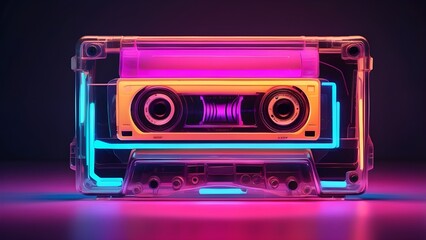 glowing neon cassette radiates vibrant colors, evoking nostalgia for the 90s. A retro audio tape perfect for symbolizing vintage music, pop culture, and throwback vibes in a modern, artistic ... 