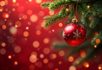 Fototapeta premium Christmas background In Red Shiny Glittering - Baubles Hanging Lights with copy space