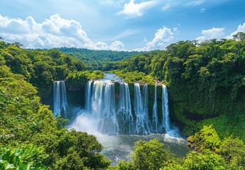 Fototapeta premium Majestic Waterfall Cascading Through Lush Green Jungle in a Bright Blue Sky, Showcasing Nature's Beauty and Tranquility in a Serene Landscape