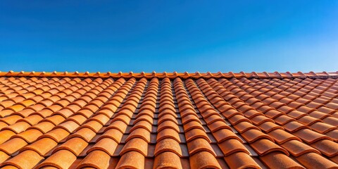 Sunlit terracotta roof tiles against a clear blue sky, sunlit, terracotta, roof tiles, clear, blue sky, architecture, building