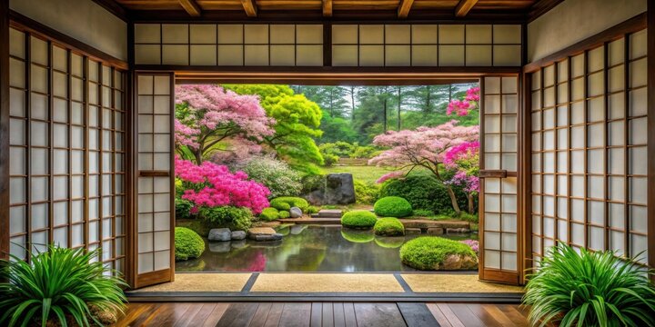 Fototapeta Japanese garden with a window framing blooming flowers, Japanese, garden, window, flowers, traditional, serene, peaceful, tranquil