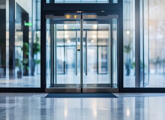 Modern Entrance of a Corporate Building with Rotating Glass Doors, Reflective Marble Floor, and Soft Ambient Lighting Illuminating a Spacious Lobby Area