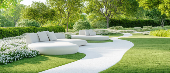 Modern Garden with Curved Pathway and Lounge Seating