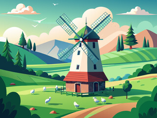 detailed illustration of a traditional windmill surrounded by grazing sheep on a green meadow.