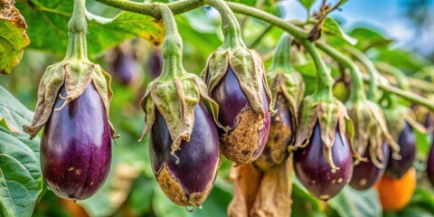 Diseased eggplant trees with wilting leaves and rotting fruit , sick, infected, unhealthy, agriculture, farming