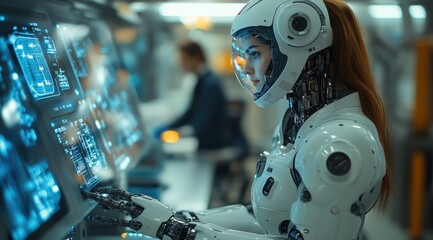 Fototapeta premium Female cyborg operating futuristic technology.